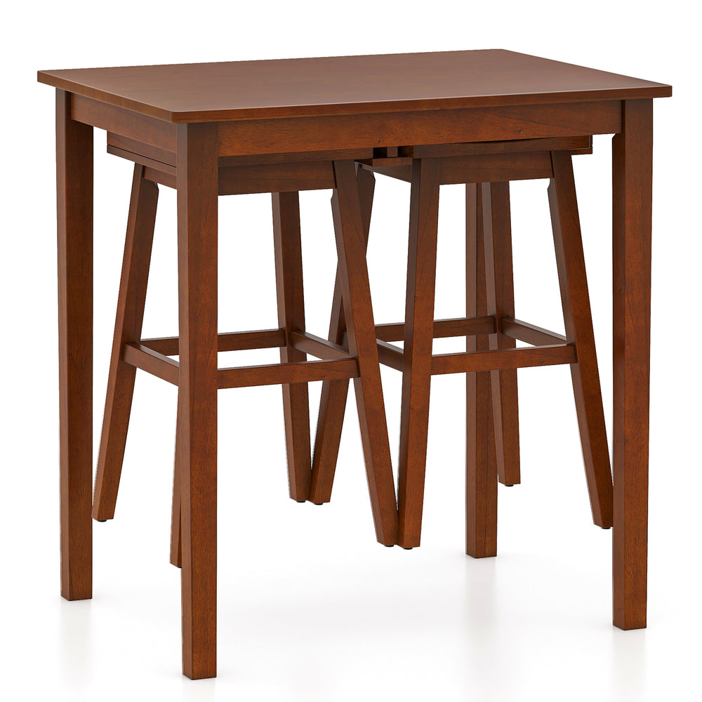 3-piece espresso bar table set featuring a solid rubber wood frame and two saddle stools, perfect for small spaces.