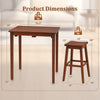 Dimensions of the 3-piece espresso bar table set, featuring a pub table and two saddle stools for compact spaces.