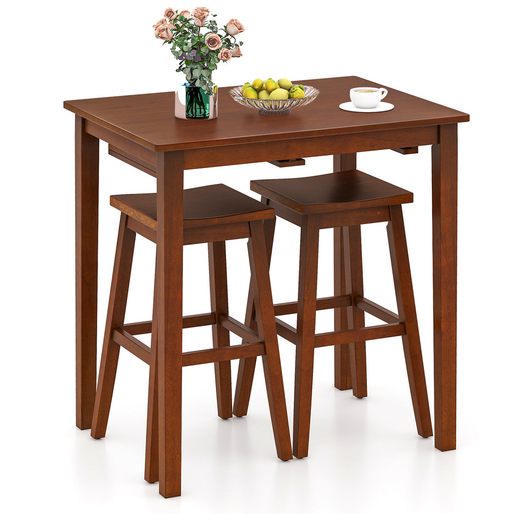 Compact espresso bar table set with a wide MDF tabletop and two saddle stools, ideal for dining or working in small.