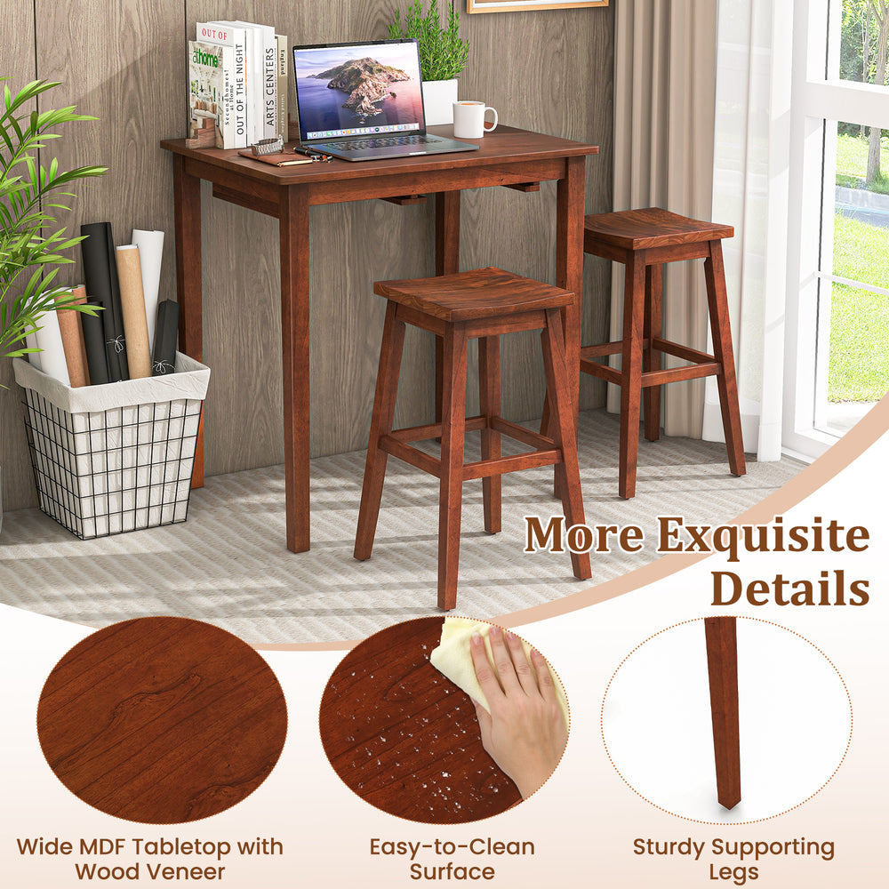 3-piece espresso bar table set featuring a wide MDF tabletop and two saddle stools, perfect for small spaces.