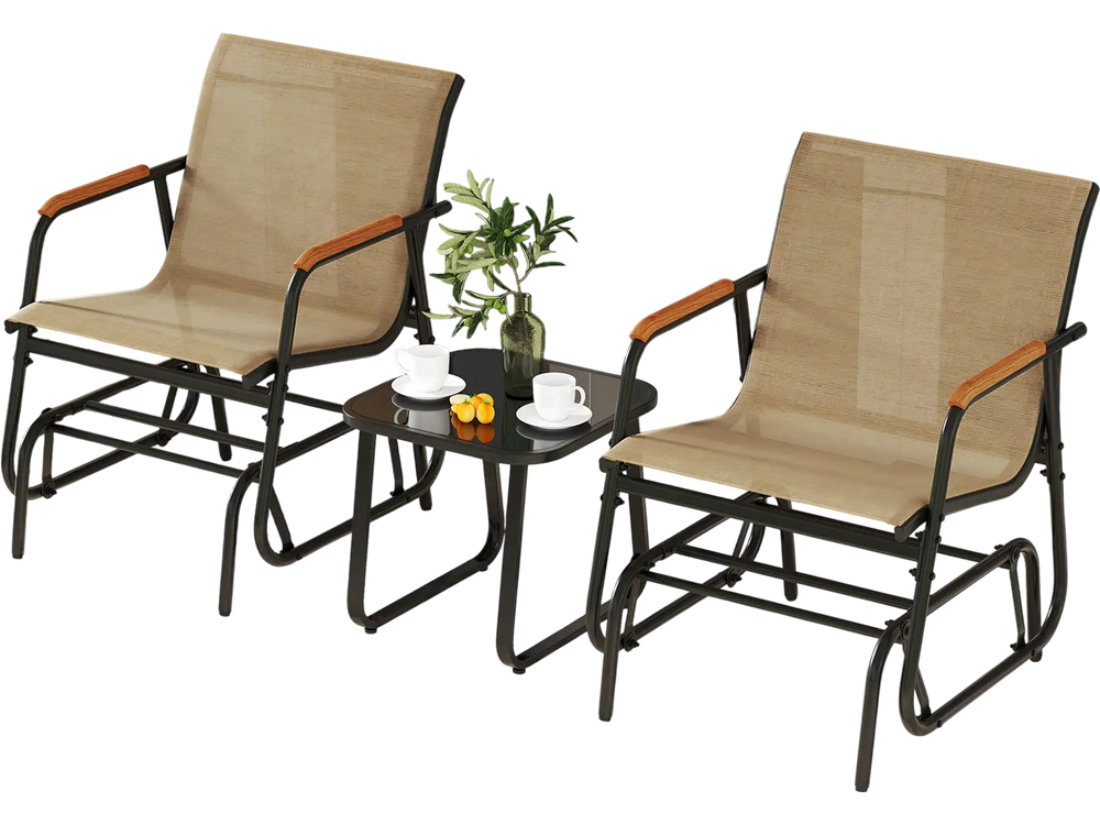 Two glider chairs with teak wood armrests and a tempered glass table, perfect for outdoor relaxation in any setting.