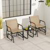 Two outdoor glider chairs with teak wood armrests and a tempered glass top table, perfect for patio relaxation.