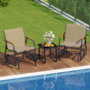 Two glider chairs with teak wood armrests and a tempered glass table, perfect for poolside relaxation.