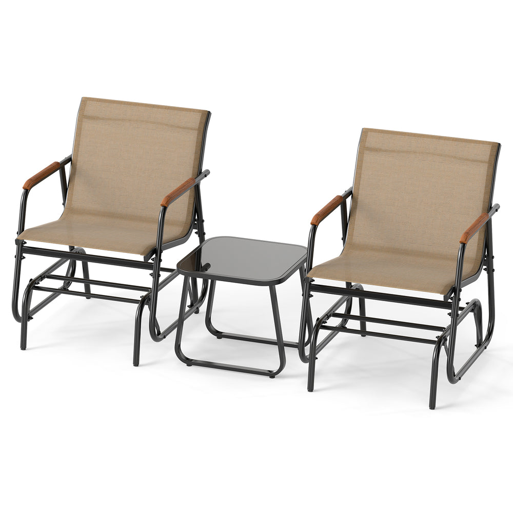 Two glider chairs with teak wood armrests and a tempered glass top table, perfect for outdoor patio relaxation.