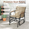 Single outdoor glider chair with breathable fabric and teak wood armrests, perfect for backyard relaxation.