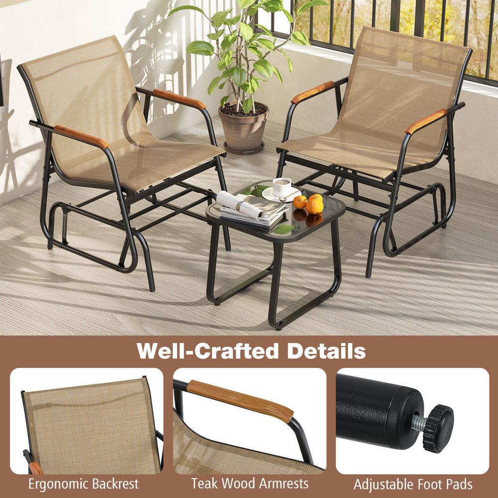 3-piece outdoor glider bistro set featuring breathable fabric, teak wood armrests, and tempered glass top for patio.