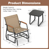 Dimensions of the 3-piece outdoor glider bistro set, featuring a coffee table and rocking chair measurements.