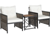 Two ergonomic patio chairs with white cushions and a stylish acacia wood tabletop, perfect for outdoor relaxation.