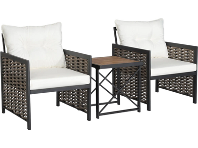 Costway 3-Pc Patio Rattan Furniture Set Acacia Wood Table White 75243896 New