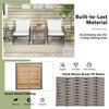Two white chairs with cushions and a brown acacia wood tabletop in a patio setting, made of durable hand-woven PE.