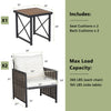 Patio rattan furniture set featuring a white chair with soft cushions and an acacia wood tabletop, perfect for outdoor.