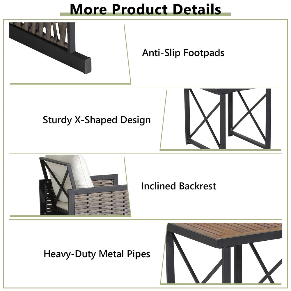 Detail of the sturdy X-shaped design and heavy-duty metal pipes in the 3 Pieces Patio Rattan Furniture Set.