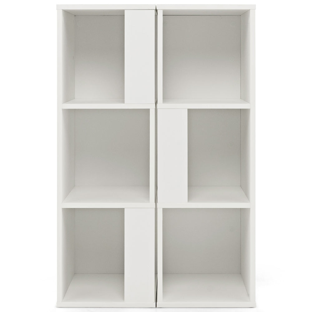 Freestanding 3-tier white bookcase with 6 open compartments and anti-toppling device for versatile storage and display.