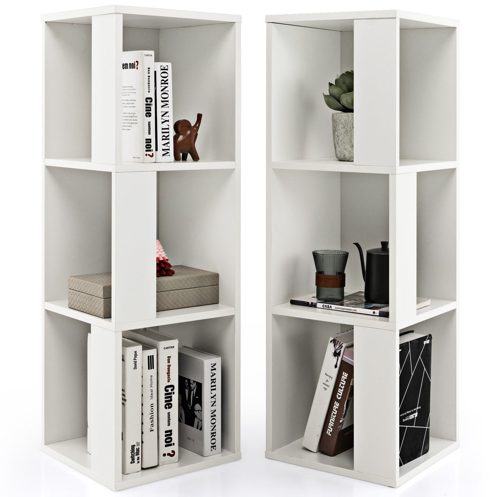 Freestanding 3-tier bookcase in white with 6 open compartments, featuring an asymmetric design for versatile storage.