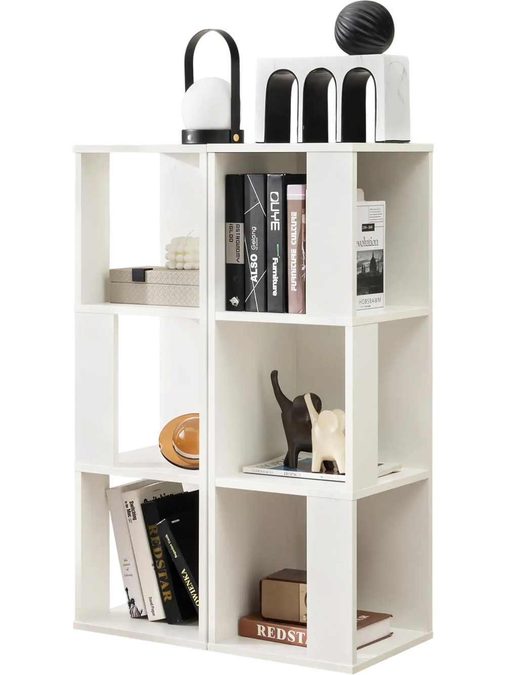 Freestanding 3-tier white bookcase with 6 open compartments, featuring an asymmetric design for versatile home storage.