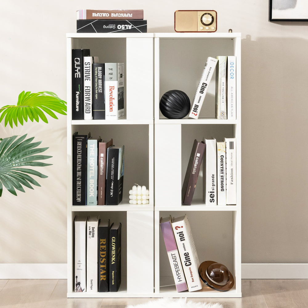 Freestanding 3-tier bookcase in white with 6 open compartments, featuring an asymmetric design for versatile home.