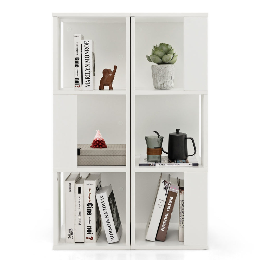 Asymmetric white bookcase featuring 6 open compartments and a smooth top, perfect for stylish storage and display.