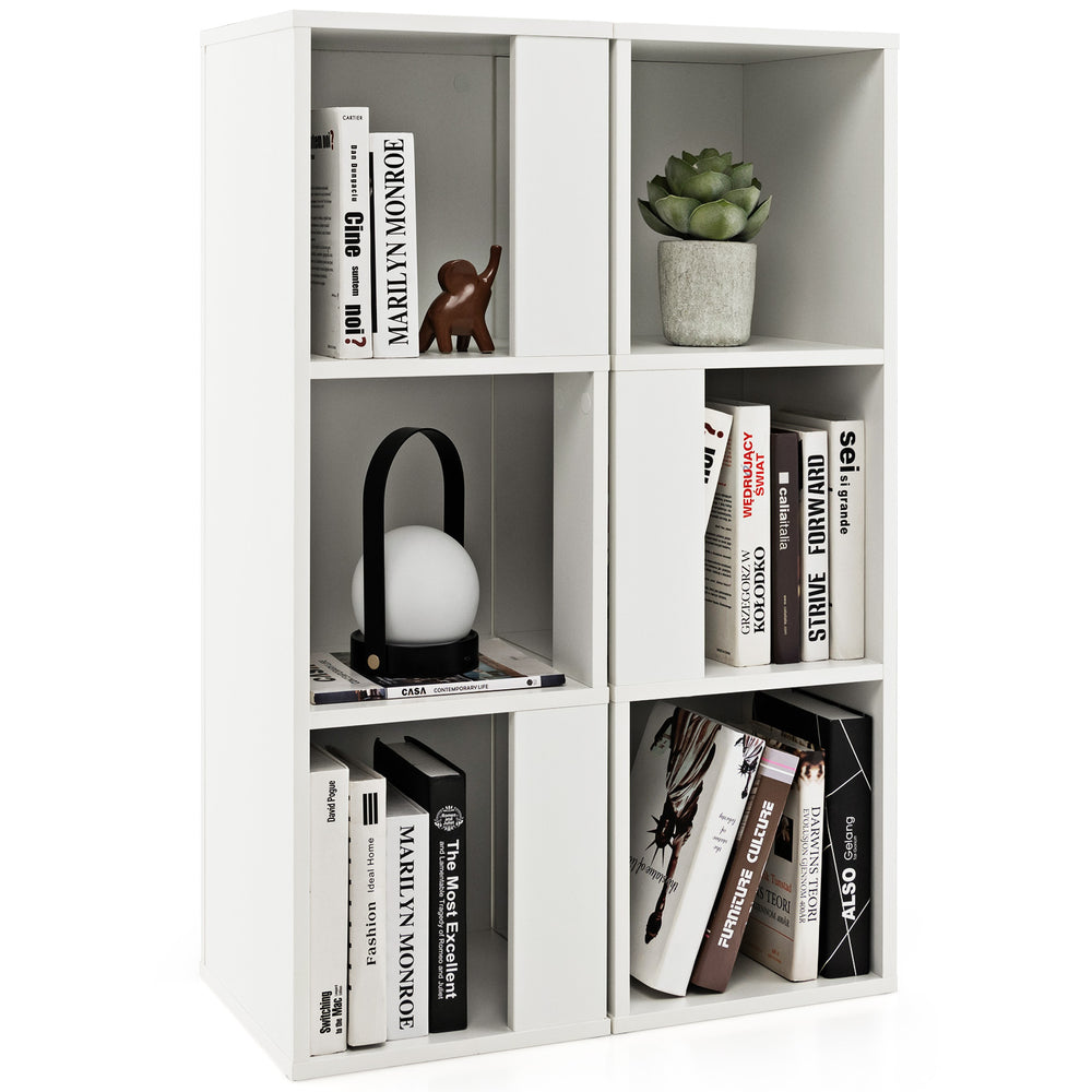 White 3-tier bookcase with 6 open compartments, featuring an asymmetric design and anti-toppling device for stability.