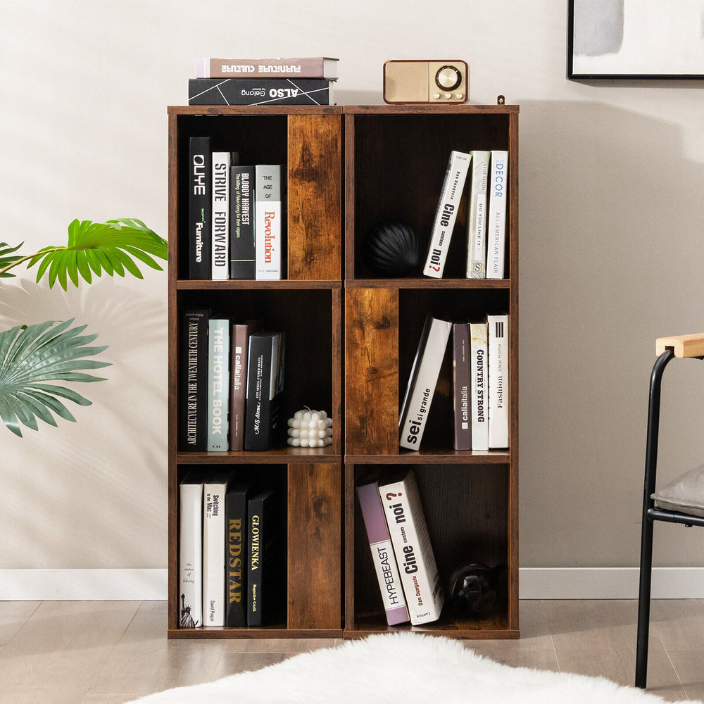 3-Tier 6 Cube Freestanding Bookcase with Anti-toppling Device-Rustic Brown - Gallery View 1 of 11