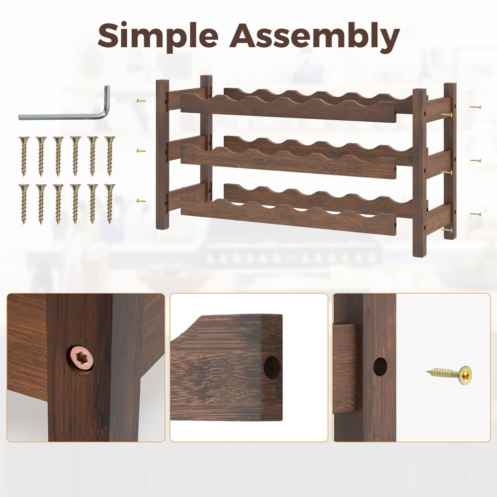 3-tier bamboo wine bottle organizer with wave slots, holding 18 bottles, featuring simple assembly and elegant texture.