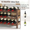 3-tier bamboo wine rack holding 18 bottles, featuring wave slots for stability and anti-slip footpads for surface.