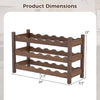 3-tier bamboo wine bottle organizer with wave slots, holding 18 bottles, ideal for kitchen or bar use. Dimensions.