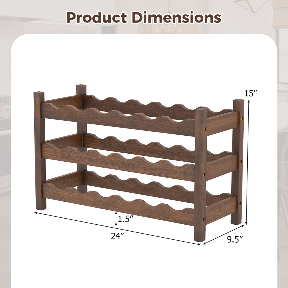3-tier bamboo wine bottle organizer with wave slots, holding 18 bottles, ideal for kitchen or bar use. Dimensions.