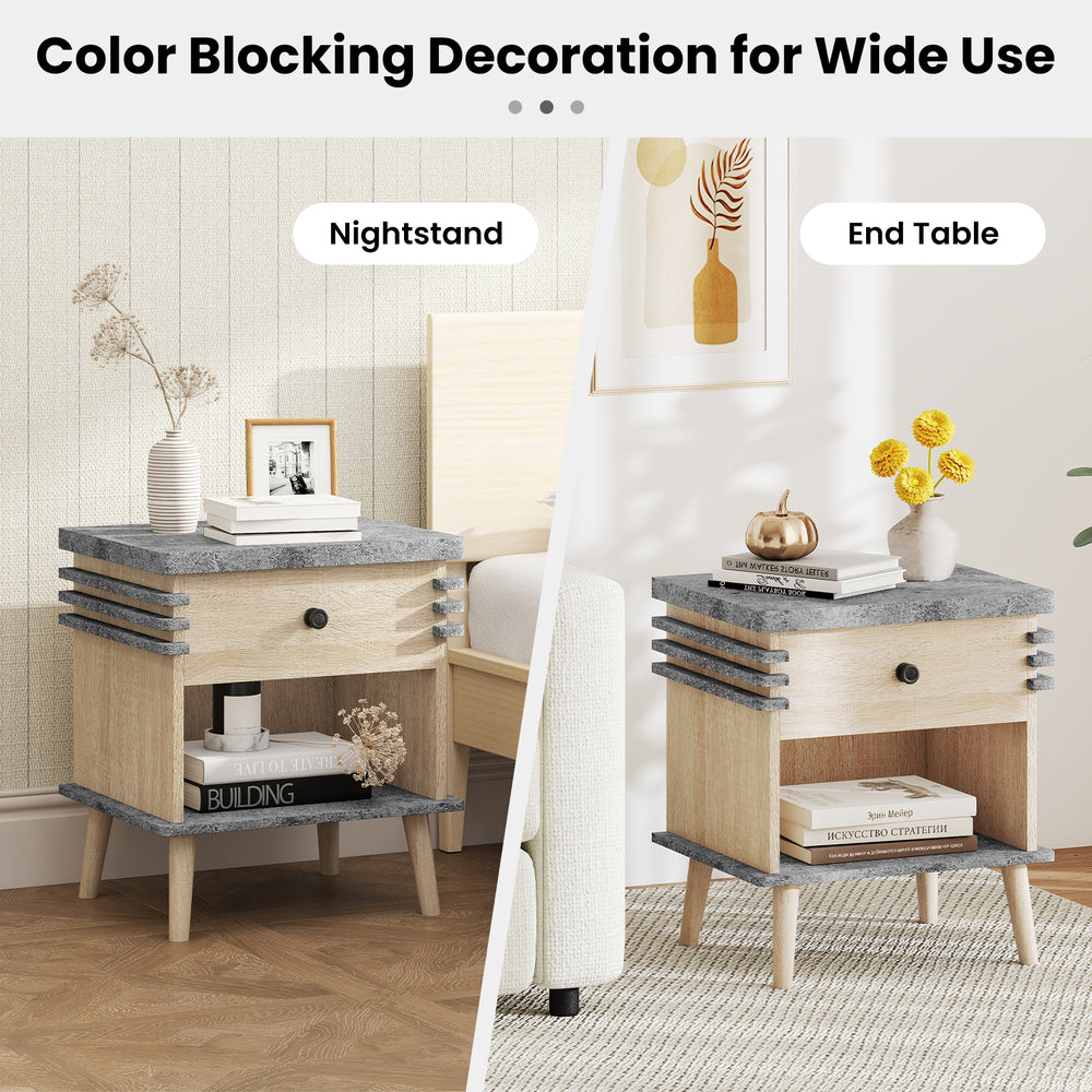 3-tier bedside table nightstand showcasing a stylish antique grey faux marble top and raised rubber wood legs for.
