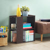 Brown 2-tier side end table with three open shelves, ideal for organizing magazines and decor in any living space.