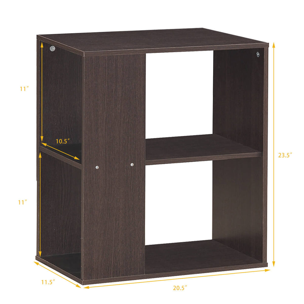2-tier brown side end table with open shelves, made of engineered wood, ideal for living room or bedroom storage.