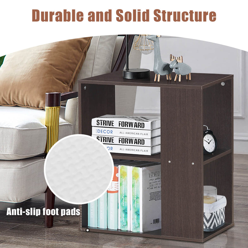 2-tier brown side end table with storage shelves, engineered wood, perfect as a nightstand or living room accent.