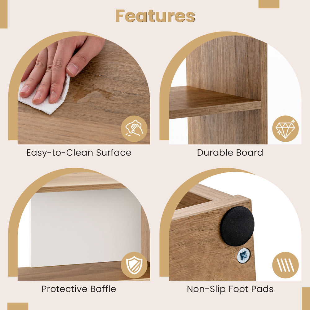 Concave bookshelf featuring easy-to-clean surface, durable board, and non-slip foot pads for versatile storage.