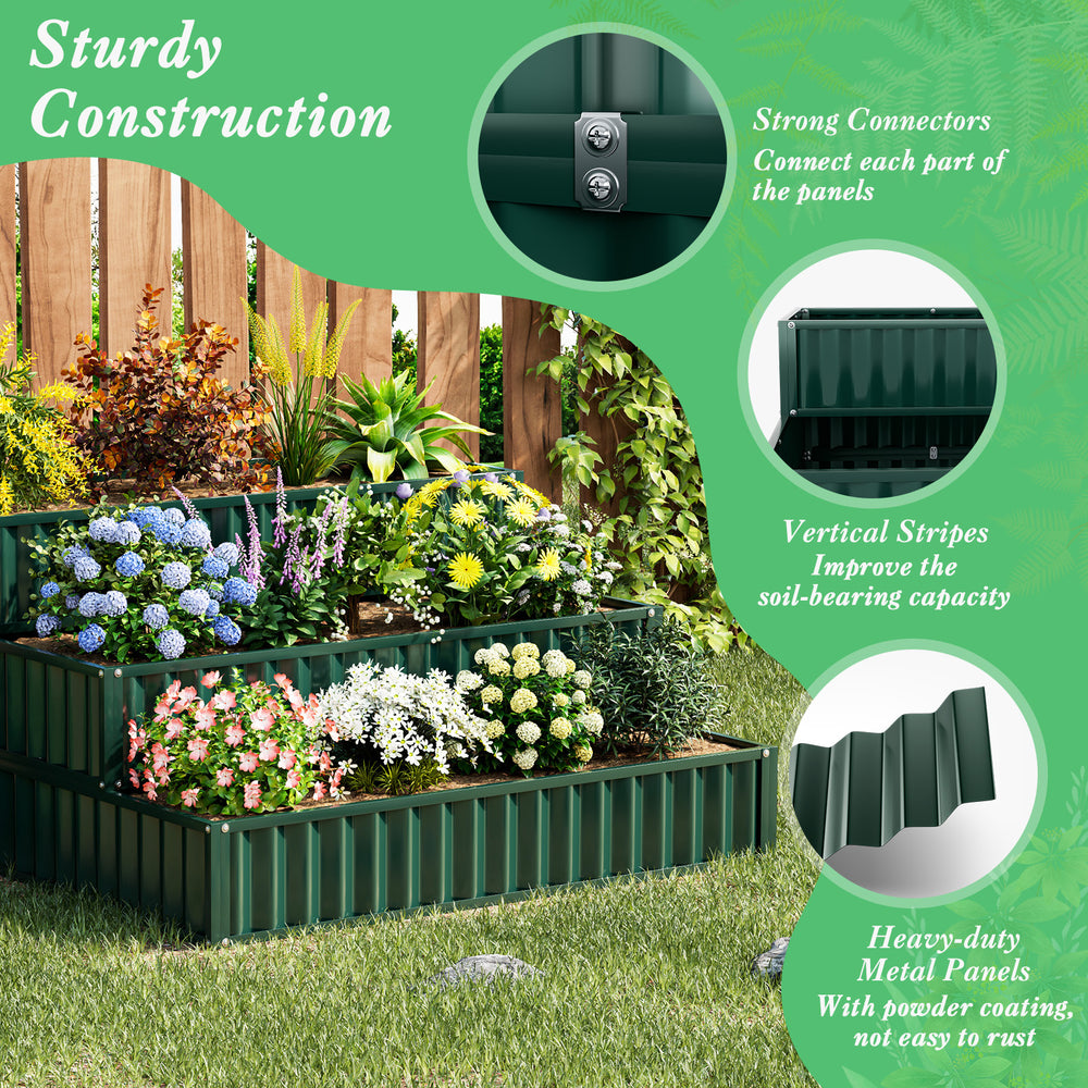 3-tier heavy-duty metal raised garden bed planter box in green, showcasing sturdy construction and flexible layout.