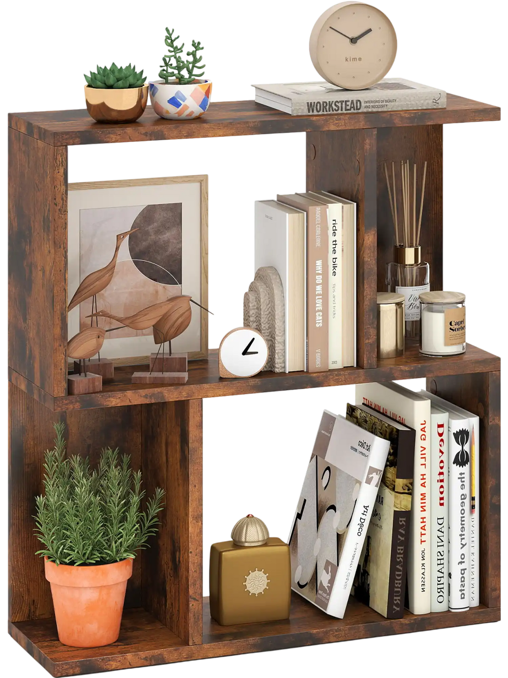 3-tier rustic brown bookshelf displaying books and decor, ideal for small spaces in living rooms or bedrooms.