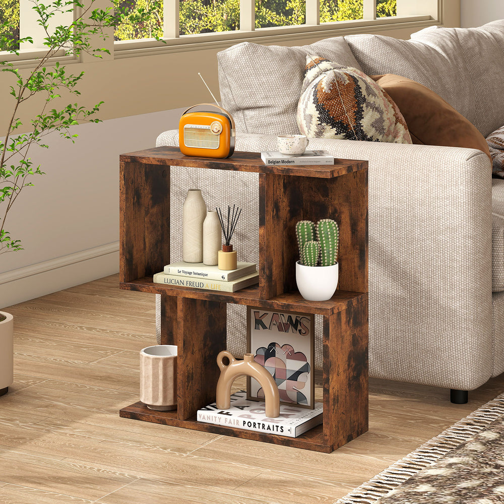 3-tier bookshelf in rustic brown, ideal for small spaces, serving as a side table or nightstand with open storage.
