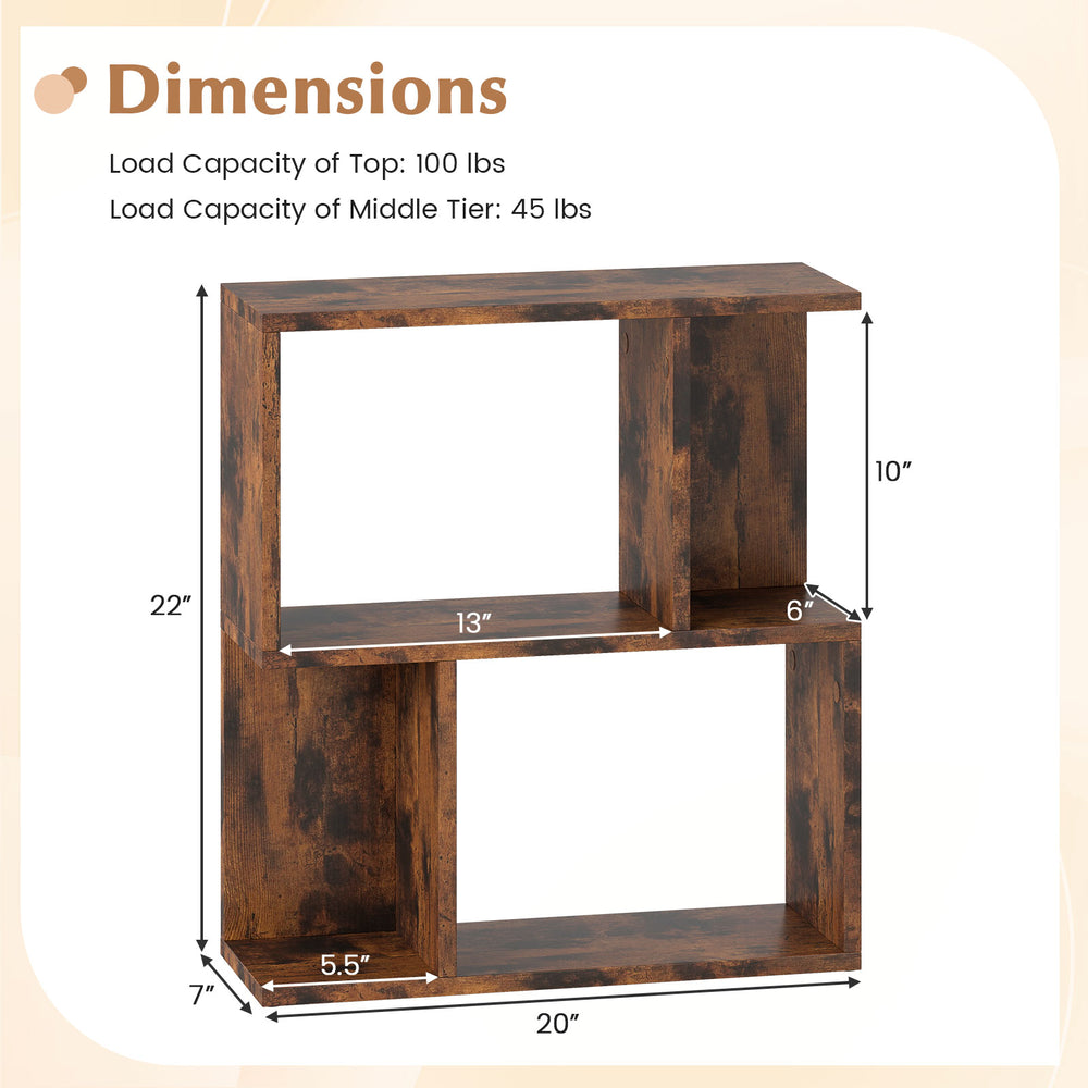 Rustic brown 3-tier bookshelf with display shelf, measuring 22"x20"x10", ideal for small spaces and versatile use.