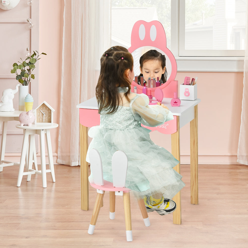 Kids vanity set featuring a rabbit-themed dressing table and chair, with a detachable mirror and storage for cosmetics.
