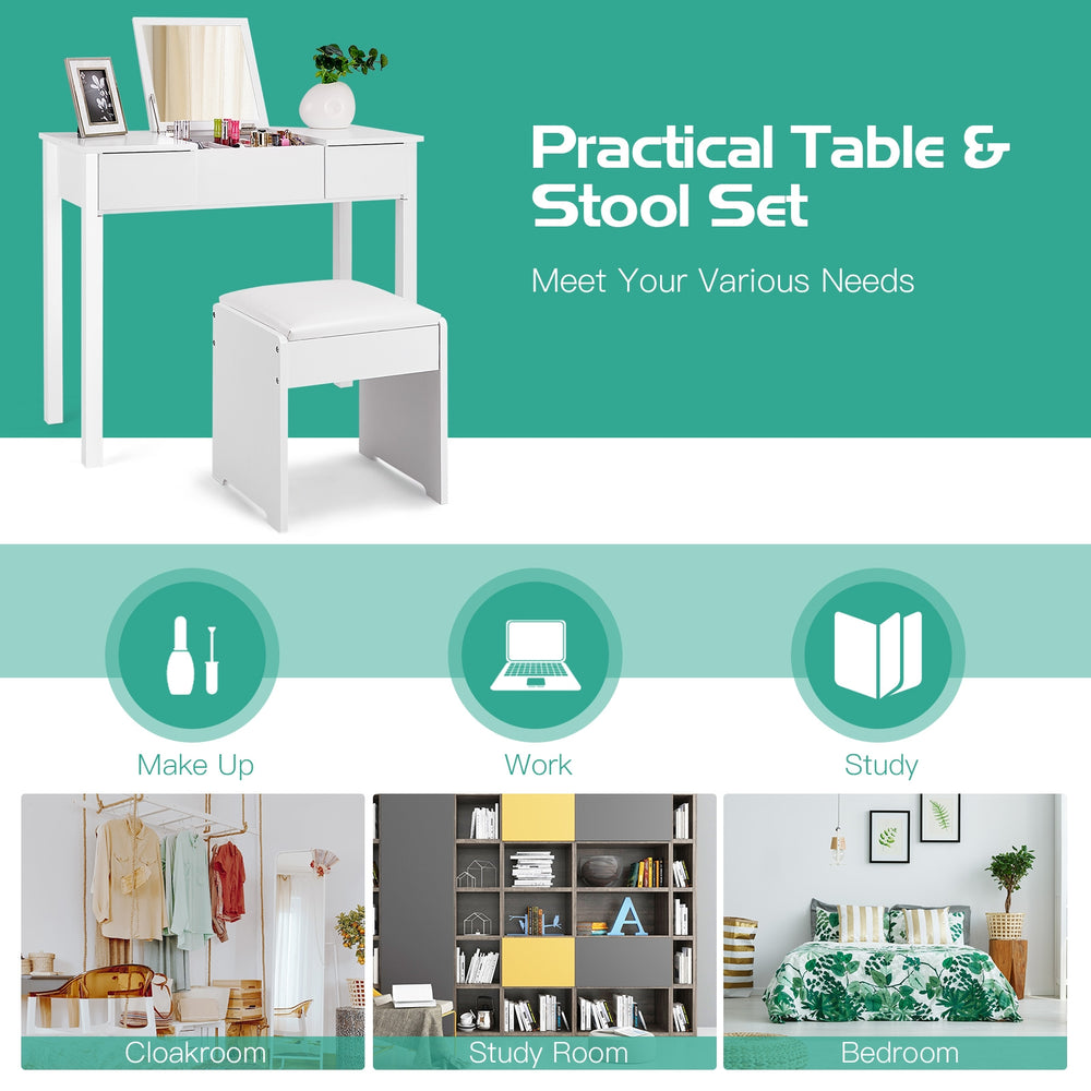 Cushioned stool from the vanity makeup dressing table set in white, offering stylish comfort for makeup application.