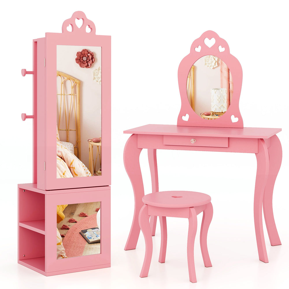 Freestanding pink kids jewelry cabinet with full-length mirror, heart-shaped cutouts, and ample storage for accessories.