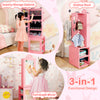 3-in-1 pink kids jewelry cabinet with full-length mirror, ample storage, and heart-shaped cutouts for organizing.