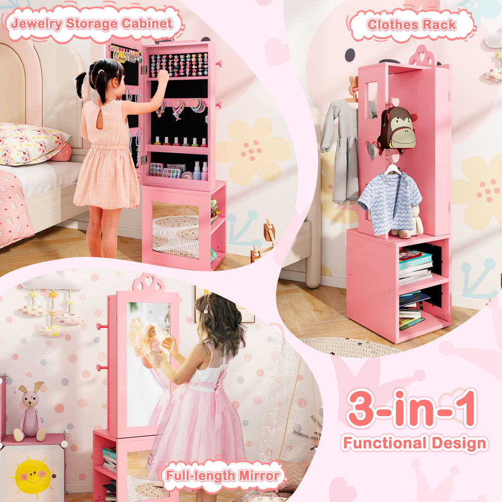 3-in-1 pink kids jewelry cabinet with full-length mirror, ample storage, and heart-shaped cutouts for organizing.