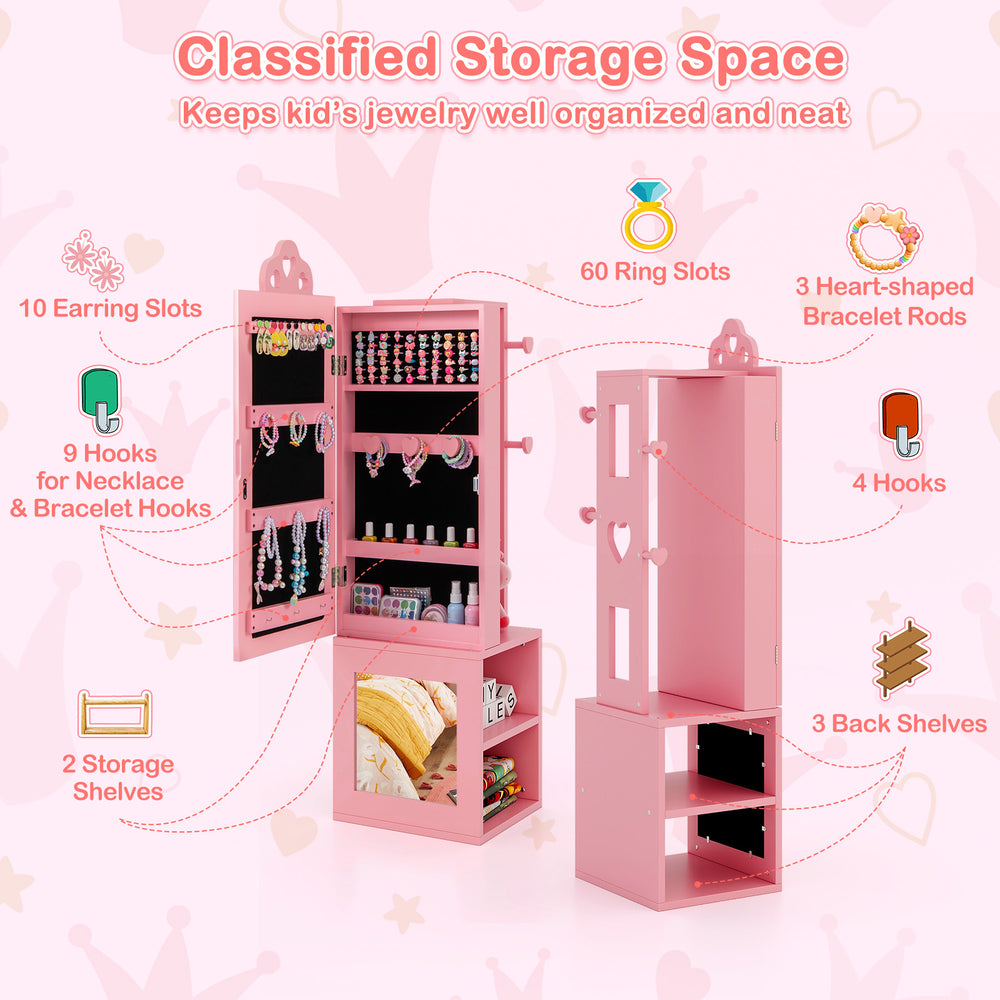 Freestanding pink kids jewelry cabinet with full-length mirror, ample storage, and heart-shaped cutouts for.