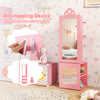 Freestanding pink kids jewelry cabinet with full-length mirror and anti-toppling device, perfect for organizing.