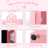 Close-up of the pink kids jewelry cabinet features heart decoration, cut-out handle, and anti-slip foot pads for safety.