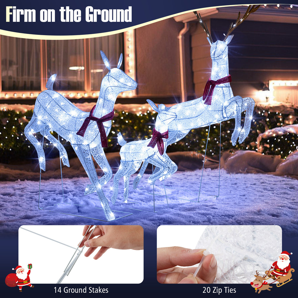 Pre-lit 3-piece Christmas reindeer family set with 255 LEDs, includes buck, doe, fawn, and 14 ground stakes for.