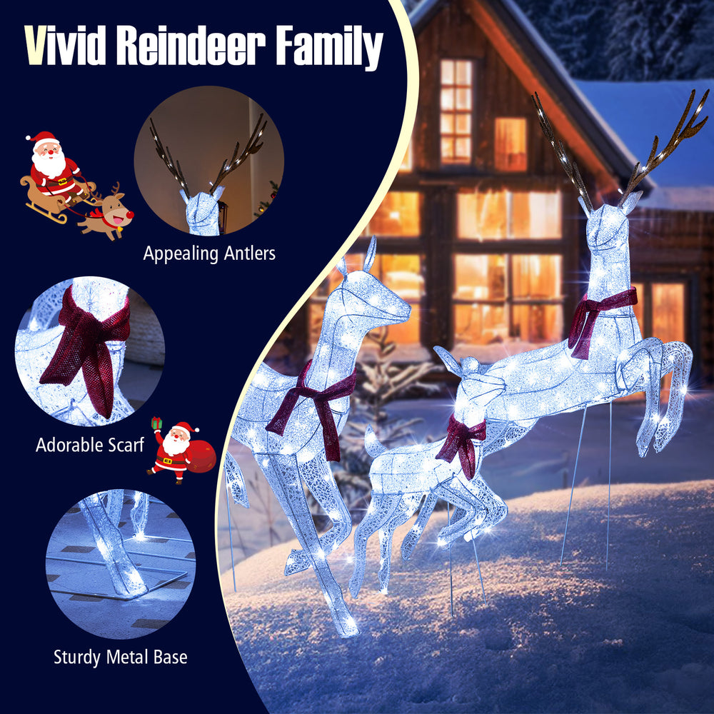 3-piece Christmas pre-lit reindeer family set with 255 LEDs, featuring a buck, doe, and fawn for festive outdoor decor.