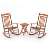 Two natural poplar wood rocking chairs with a folding side table, perfect for outdoor relaxation on the patio or garden.