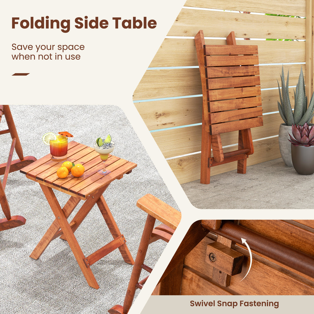 Folding side table made of solid poplar wood, featuring swivel snap fastening for space-saving outdoor use.