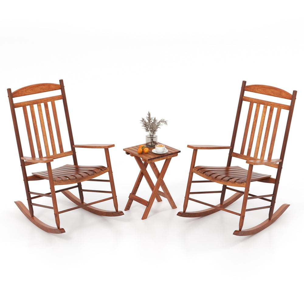 3-piece outdoor poplar wood rocking bistro set with a folding side table, perfect for relaxing on the patio.