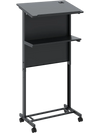 Height adjustable black lectern table with tilted tabletop and storage shelf, ideal for classrooms and events.